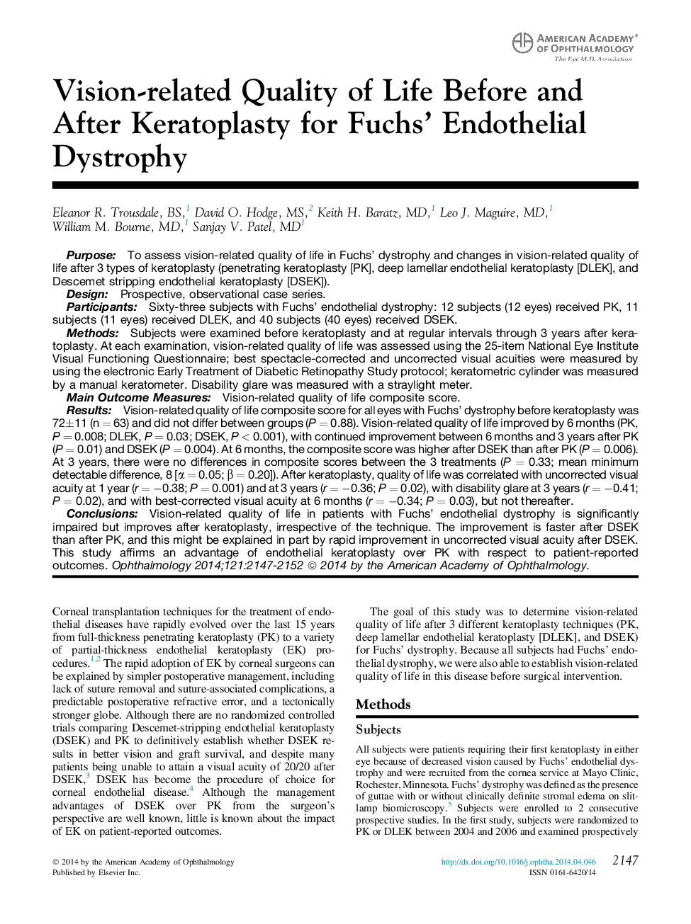 اصل مقاله کیفیت زندگی مرتبط با دیدگاه قبل و بعد از کراتوپلاستی برای دیستروفی اندوتلیال فوچ 