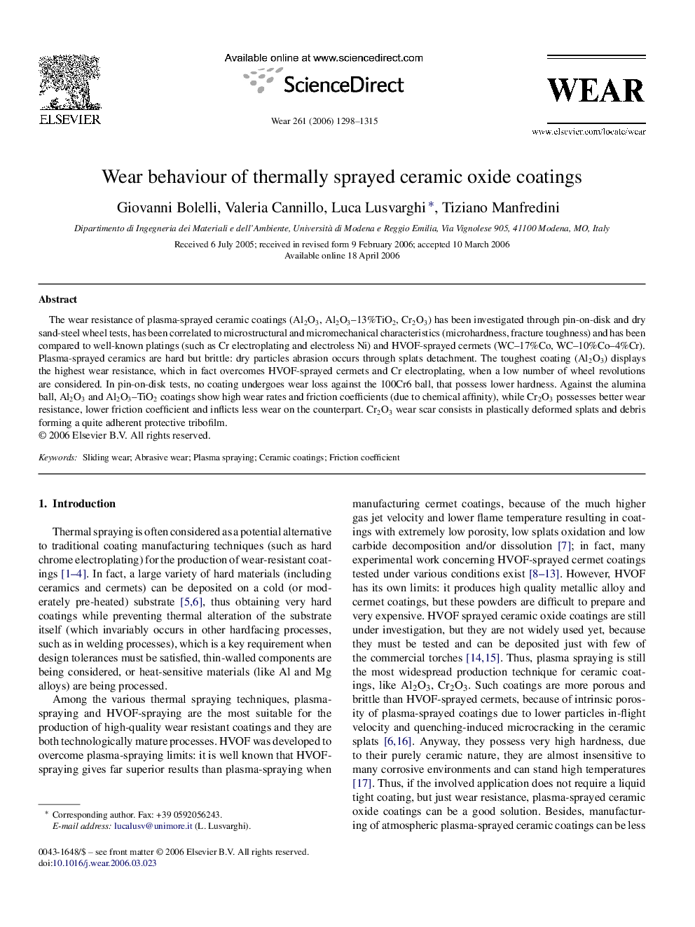 Wear behaviour of thermally sprayed ceramic oxide coatings