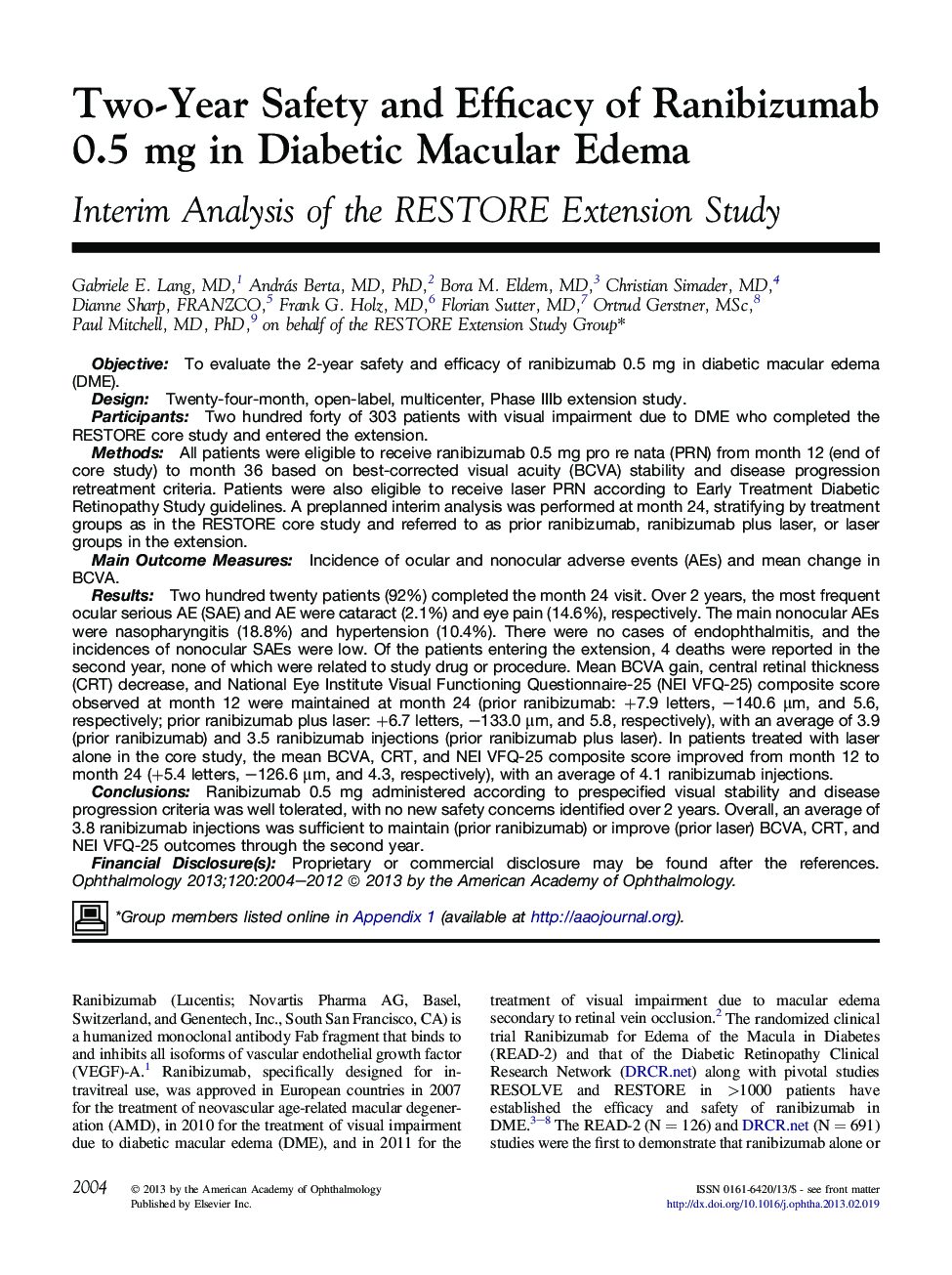 عکس صفحه اول مقاله: Two-Year Safety and Efficacy of Ranibizumab 0.5 mg in Diabetic Macular Edema Two-Year Safety and Efficacy of Ranibizumab 0.5 mg in Diabetic Macular Edema