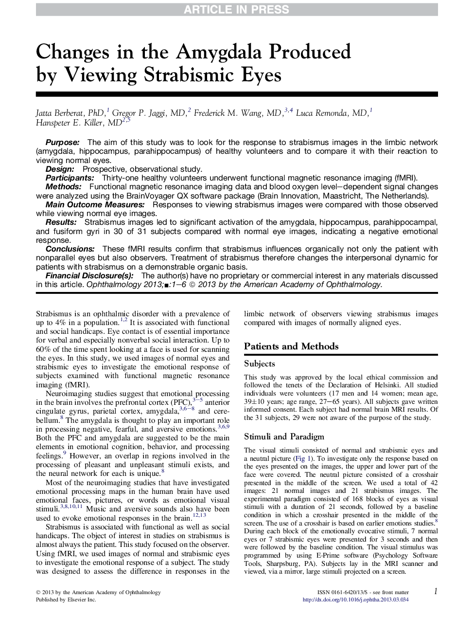 Changes in the Amygdala Produced byÂ Viewing Strabismic Eyes