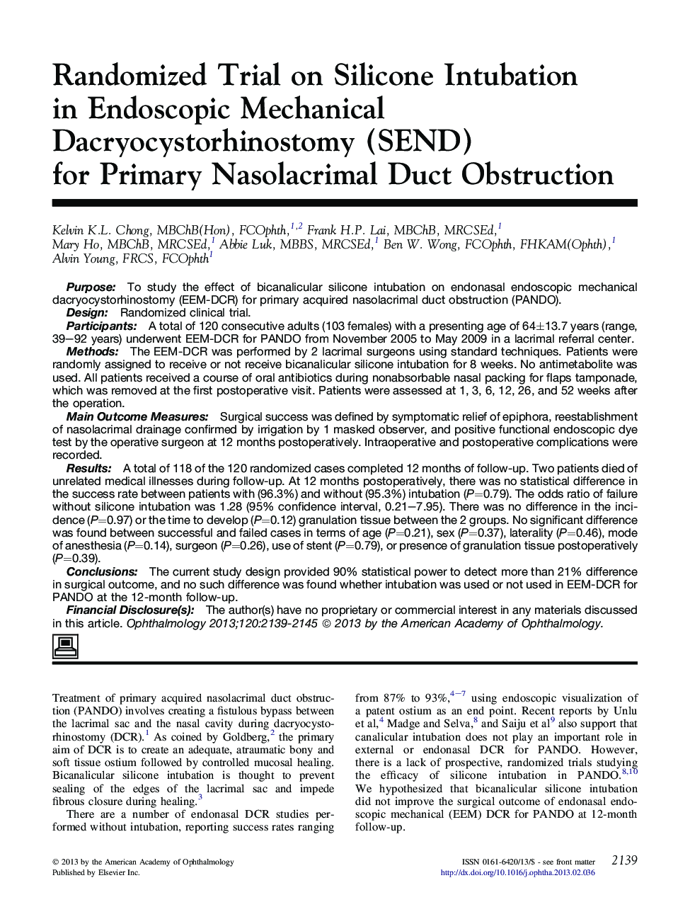 Randomized Trial on Silicone Intubation in Endoscopic Mechanical Dacryocystorhinostomy (SEND) for Primary Nasolacrimal Duct Obstruction