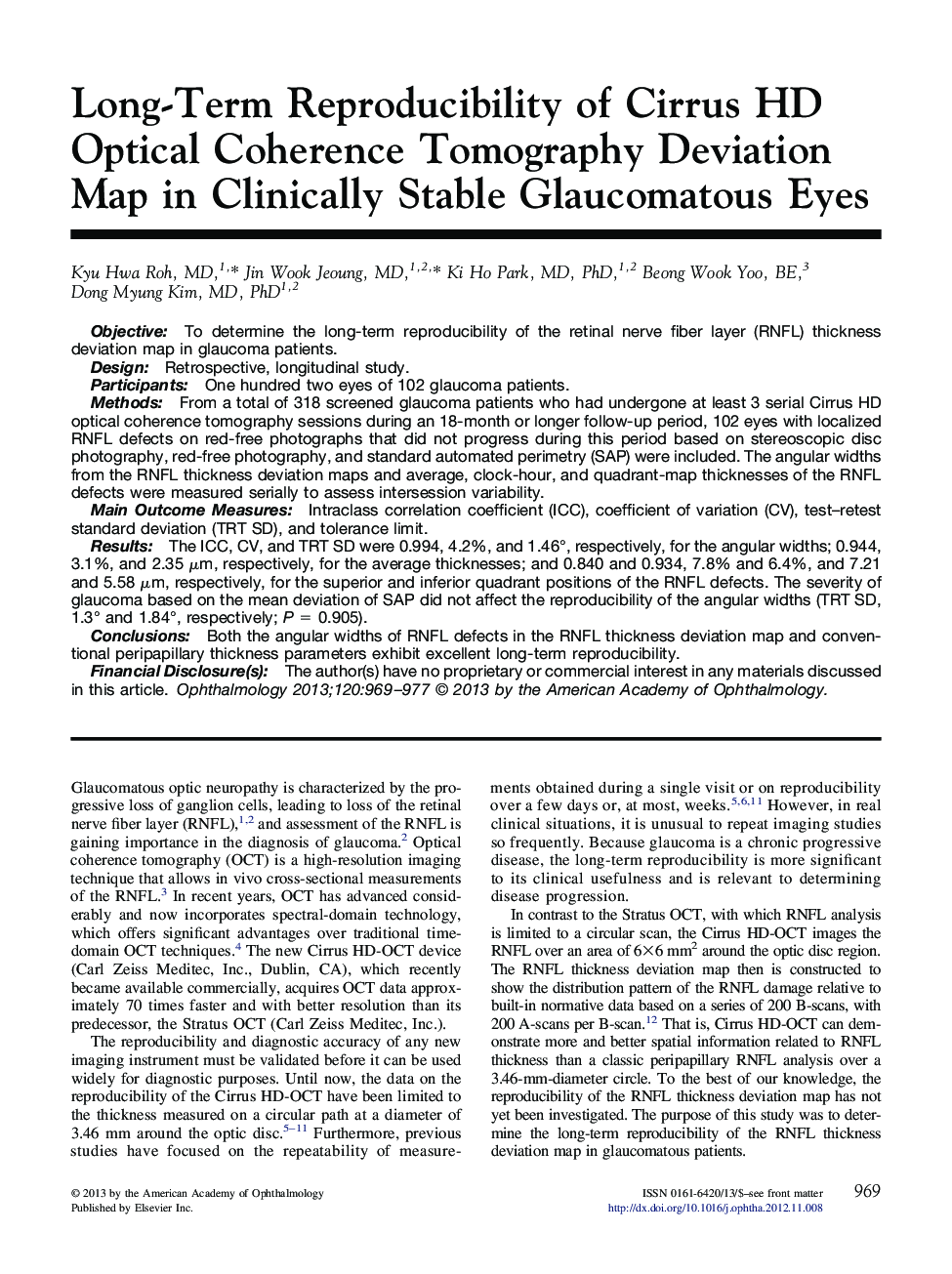Long-Term Reproducibility of Cirrus HD Optical Coherence Tomography Deviation Map in Clinically Stable Glaucomatous Eyes