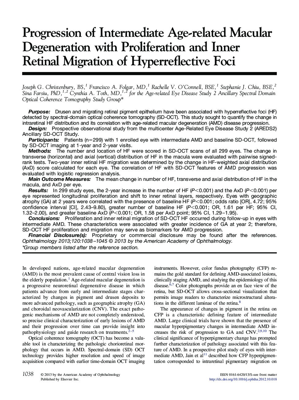 Progression of Intermediate Age-related Macular Degeneration with Proliferation and Inner Retinal Migration of Hyperreflective Foci