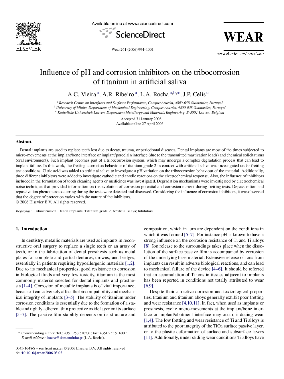 Influence of pH and corrosion inhibitors on the tribocorrosion of titanium in artificial saliva