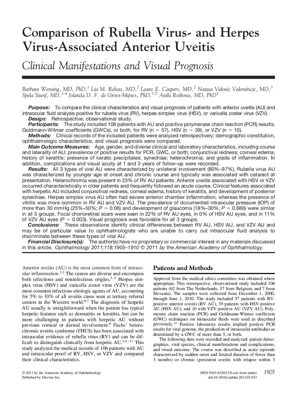 Comparison of Rubella Virus- and Herpes Virus-Associated Anterior Uveitis