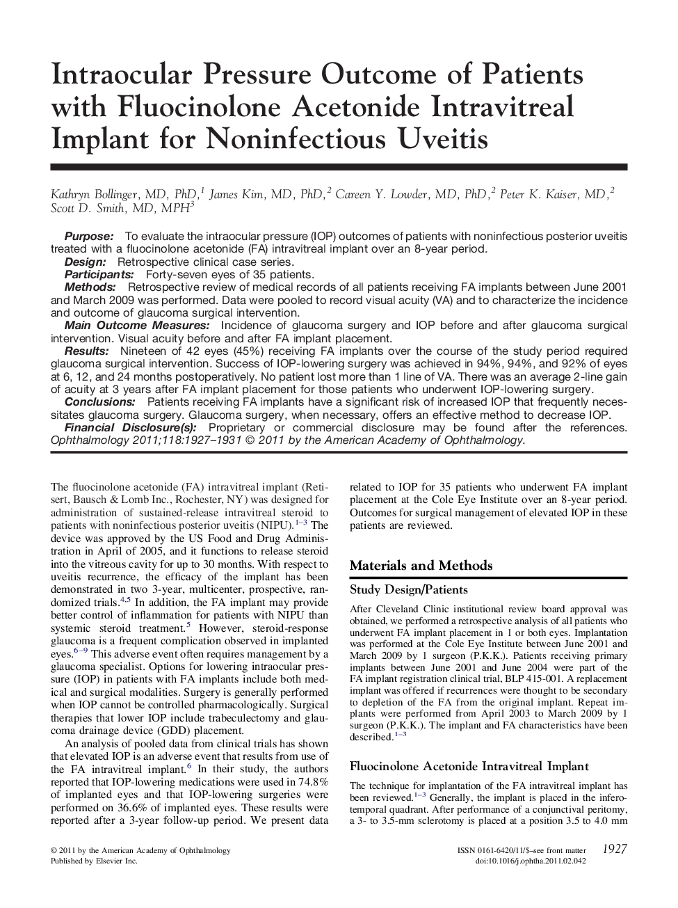 Intraocular Pressure Outcome of Patients with Fluocinolone Acetonide Intravitreal Implant for Noninfectious Uveitis