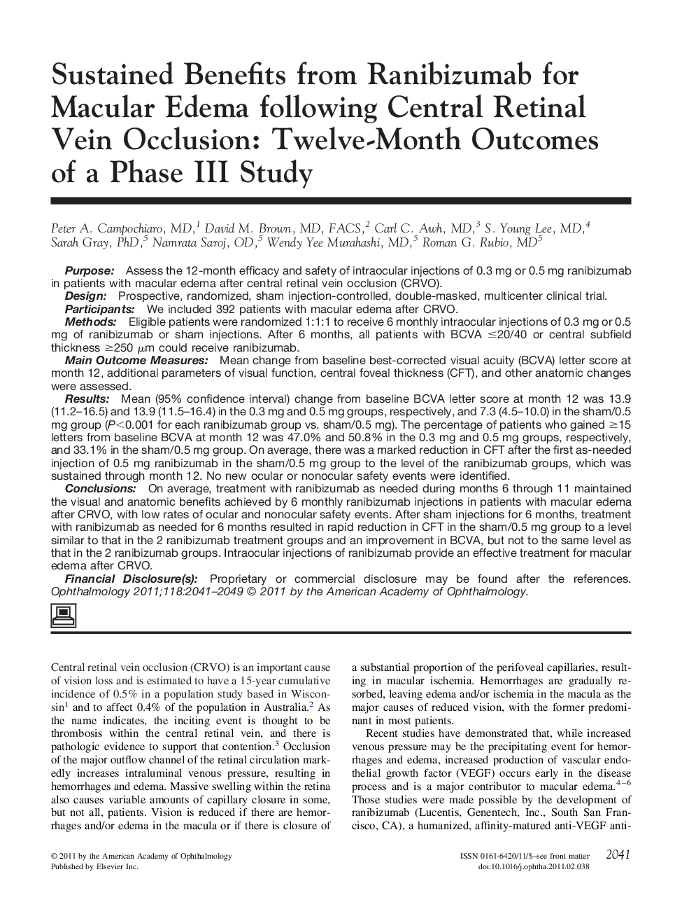 Sustained Benefits from Ranibizumab for Macular Edema following Central Retinal Vein Occlusion: Twelve-Month Outcomes of a Phase III Study