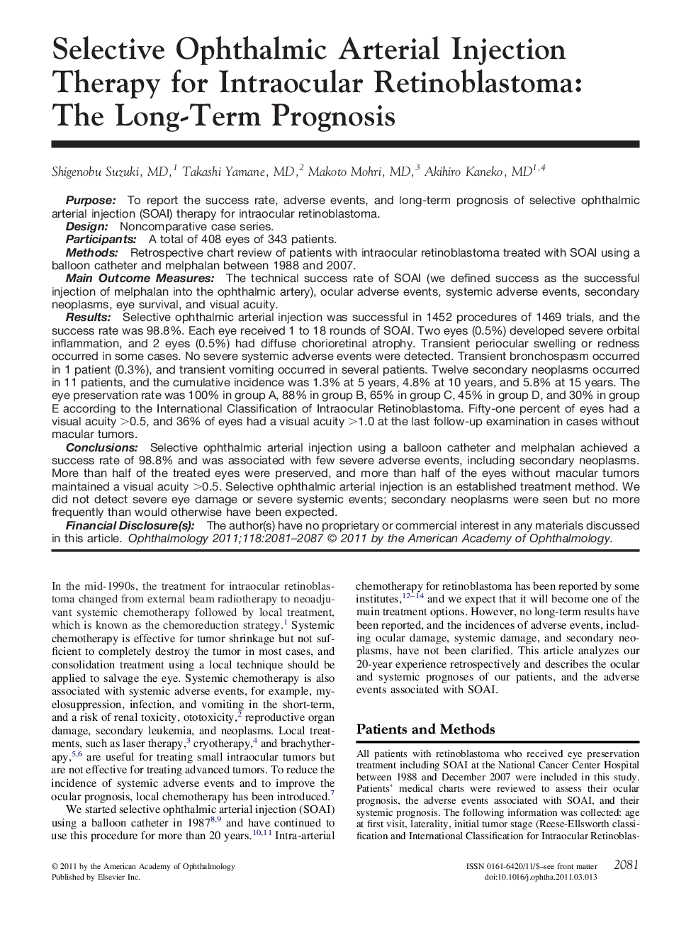 Selective Ophthalmic Arterial Injection Therapy for Intraocular Retinoblastoma: The Long-Term Prognosis