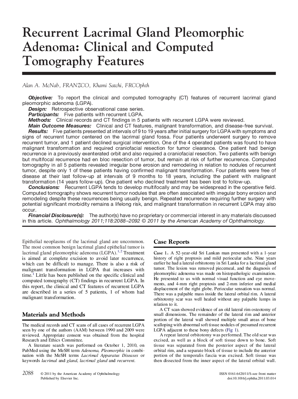 Recurrent Lacrimal Gland Pleomorphic Adenoma: Clinical and Computed Tomography Features
