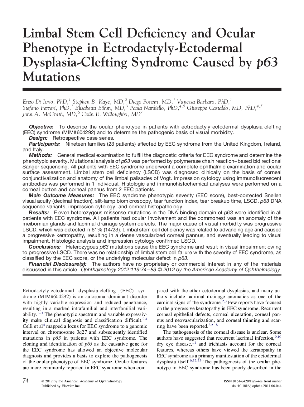 Limbal Stem Cell Deficiency and Ocular Phenotype in Ectrodactyly-Ectodermal Dysplasia-Clefting Syndrome Caused by p63 Mutations