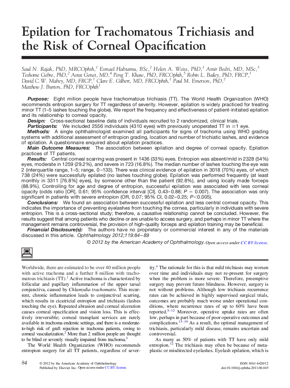 Epilation for Trachomatous Trichiasis and the Risk of Corneal Opacification