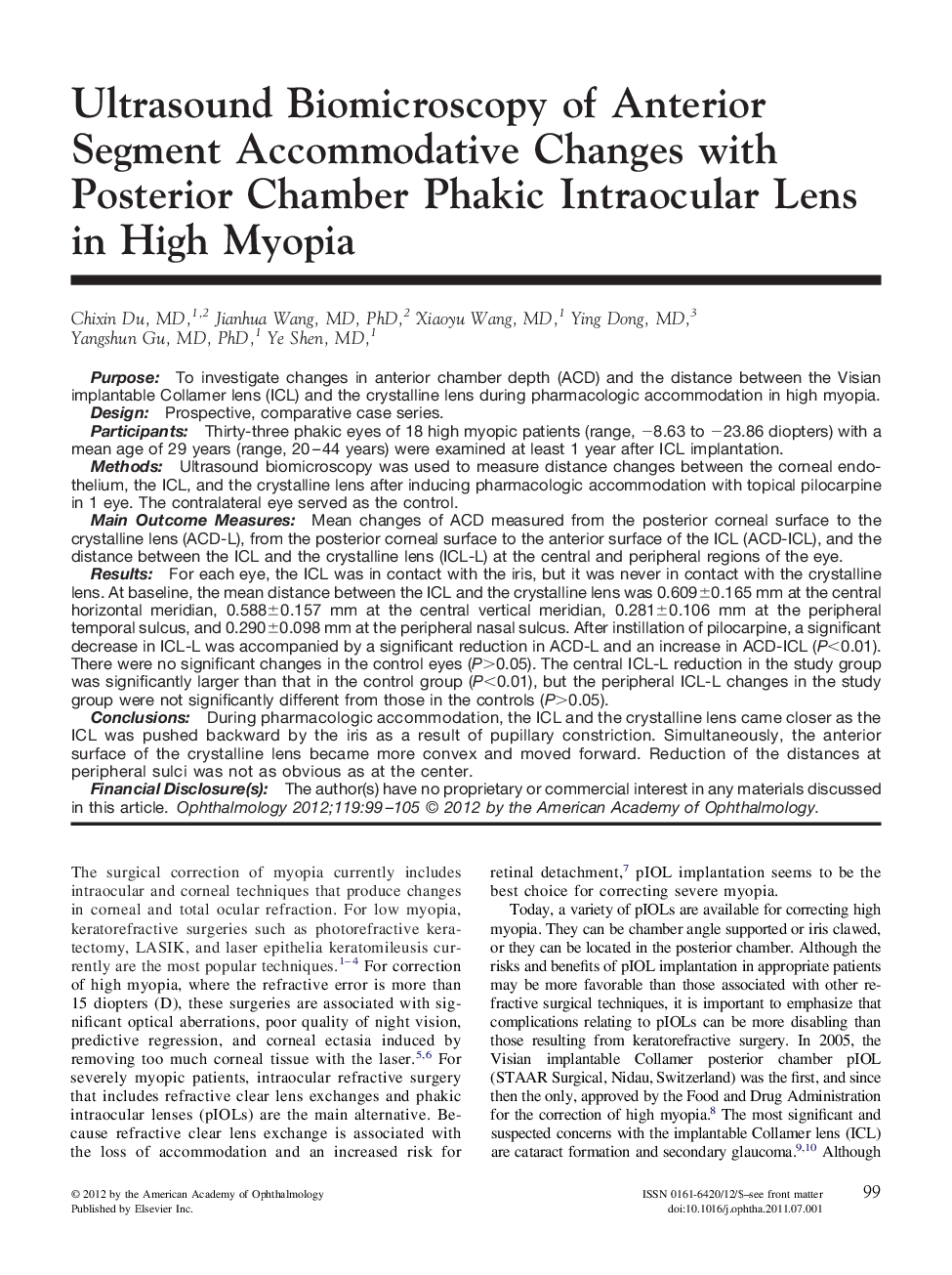 Ultrasound Biomicroscopy of Anterior Segment Accommodative Changes with Posterior Chamber Phakic Intraocular Lens in High Myopia