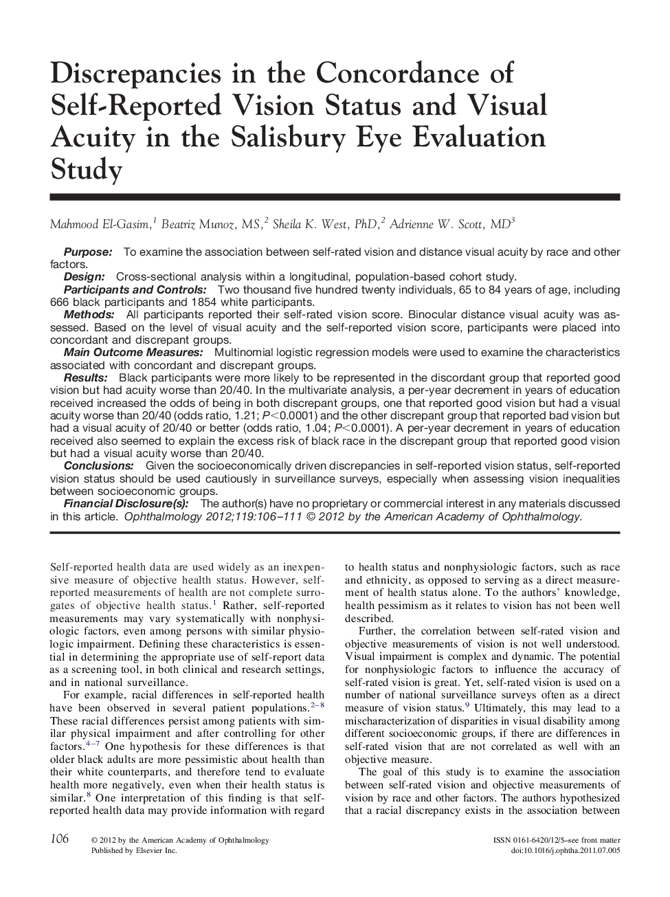 Discrepancies in the Concordance of Self-Reported Vision Status and Visual Acuity in the Salisbury Eye Evaluation Study