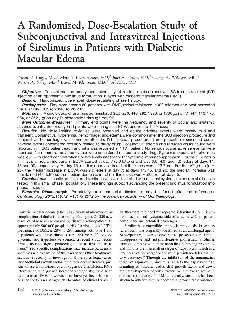 A Randomized, Dose-Escalation Study of Subconjunctival and Intravitreal Injections of Sirolimus in Patients with Diabetic Macular Edema