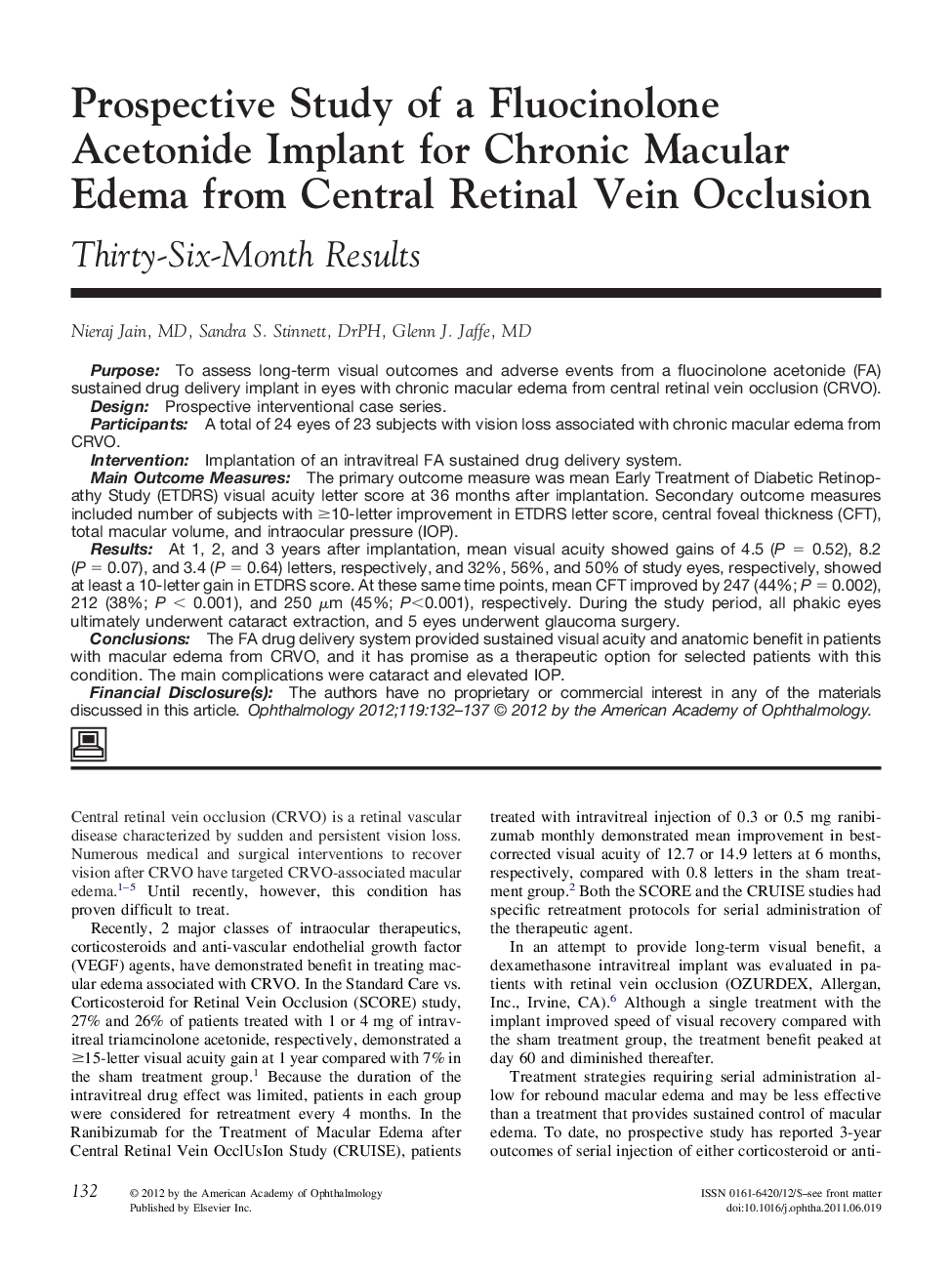 Prospective Study of a Fluocinolone Acetonide Implant for Chronic Macular Edema from Central Retinal Vein Occlusion