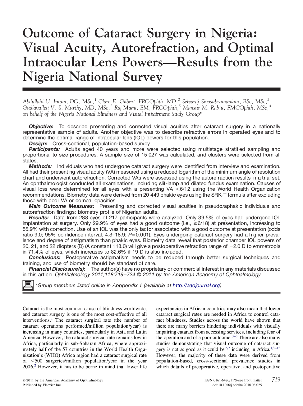 Outcome of Cataract Surgery in Nigeria: Visual Acuity, Autorefraction, and Optimal Intraocular Lens Powers-Results from the Nigeria National Survey