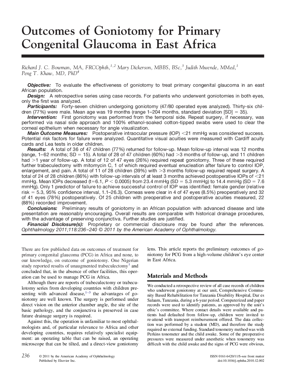 Outcomes of Goniotomy for Primary Congenital Glaucoma in East Africa