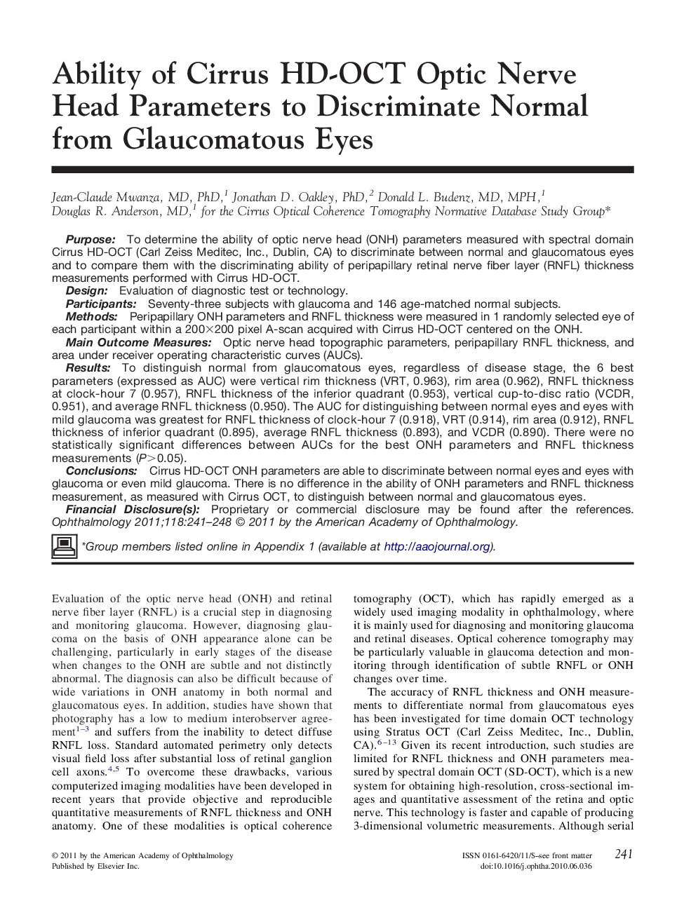 Ability of Cirrus HD-OCT Optic Nerve Head Parameters to Discriminate Normal from Glaucomatous Eyes