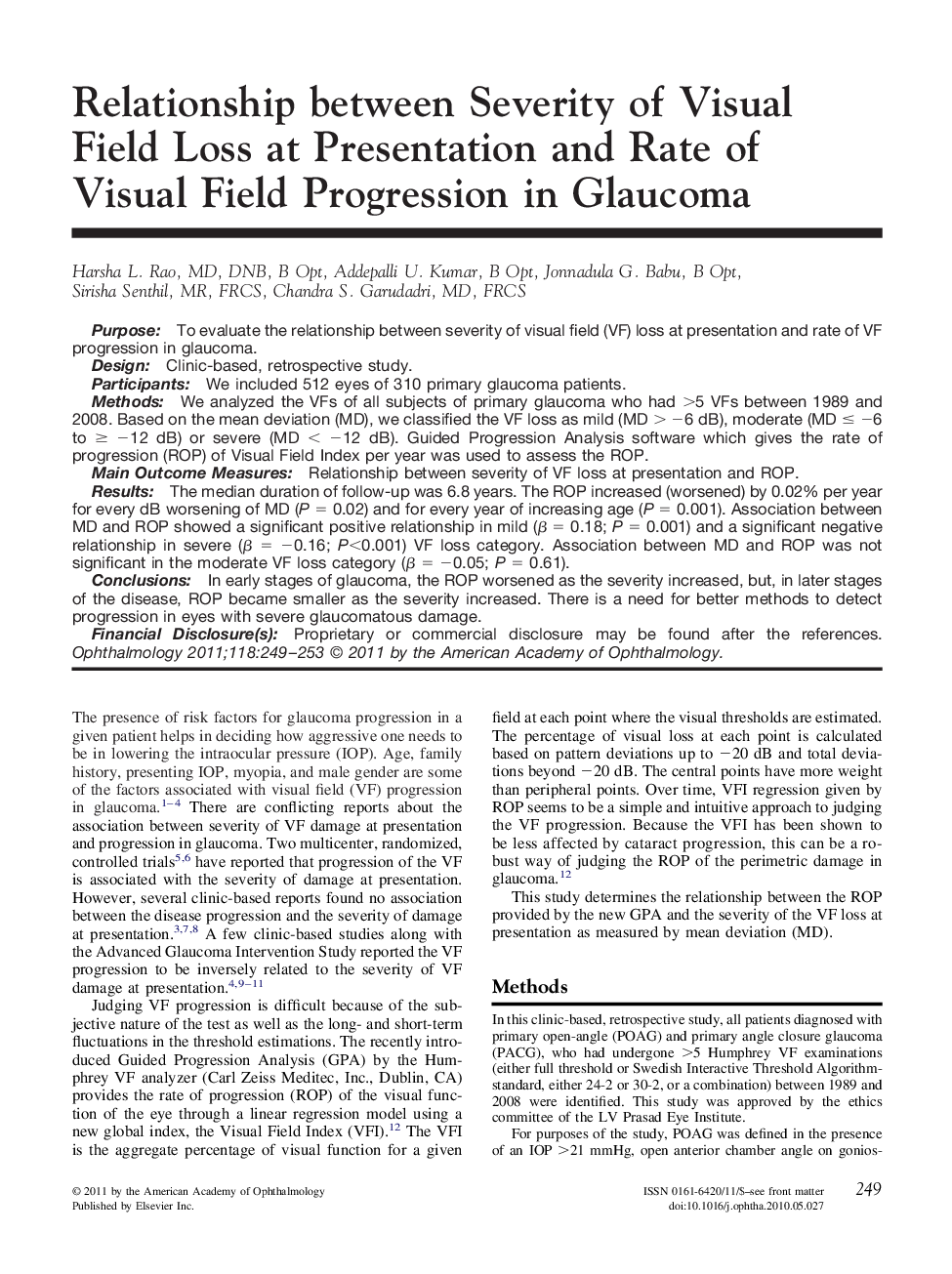 عکس صفحه اول مقاله: Relationship between Severity of Visual Field Loss at Presentation and Rate of Visual Field Progression in Glaucoma Relationship between Severity of Visual Field Loss at Presentation and Rate of Visual Field Progression in Glaucoma