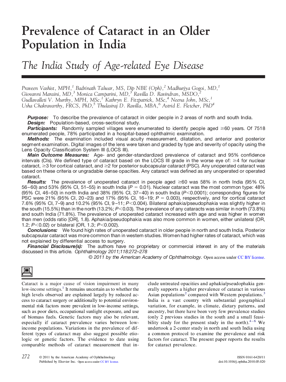 Prevalence of Cataract in an Older Population in India: The India Study of Age-related Eye Disease