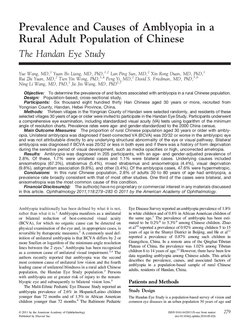 Prevalence and Causes of Amblyopia in a Rural Adult Population of Chinese