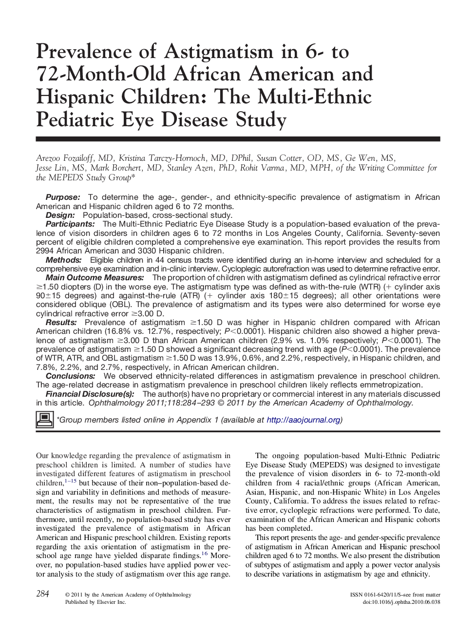 Prevalence of Astigmatism in 6- to 72-Month-Old African American and Hispanic Children: The Multi-Ethnic Pediatric Eye Disease Study
