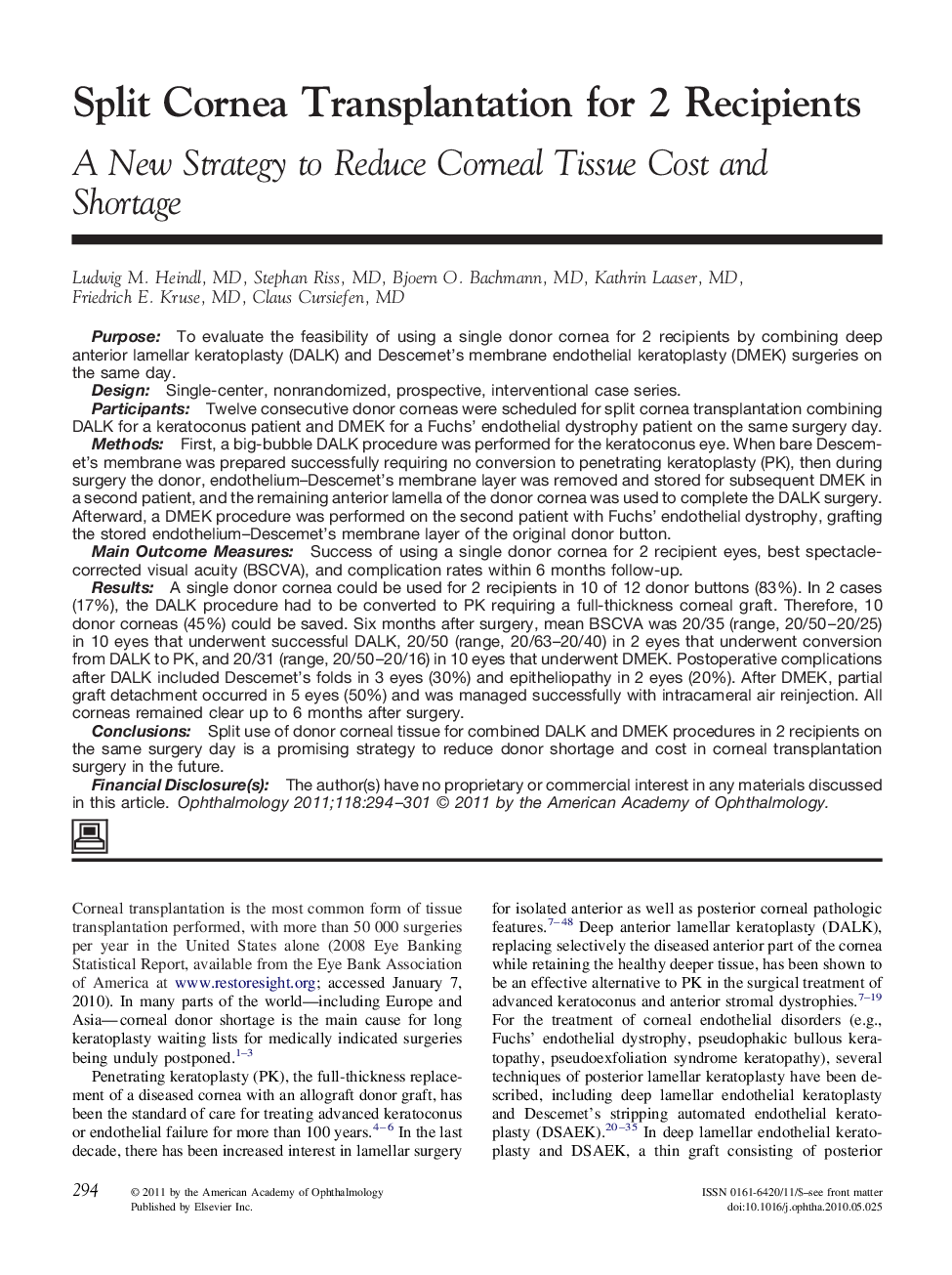 Split Cornea Transplantation for 2 Recipients