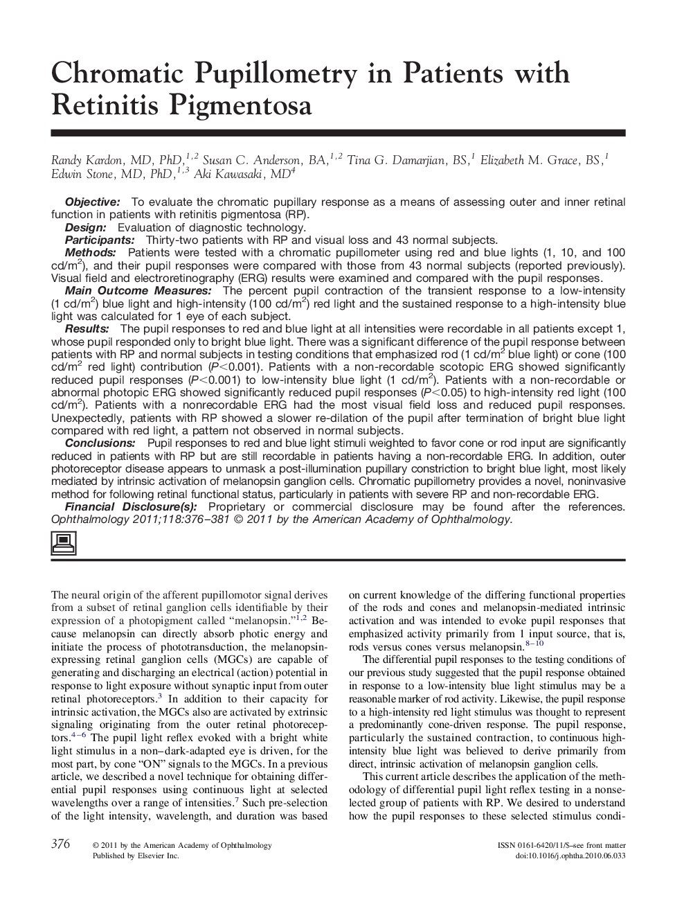 Chromatic Pupillometry in Patients with Retinitis Pigmentosa