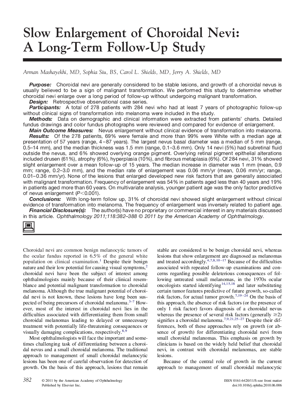 Slow Enlargement of Choroidal Nevi: A Long-Term Follow-Up Study