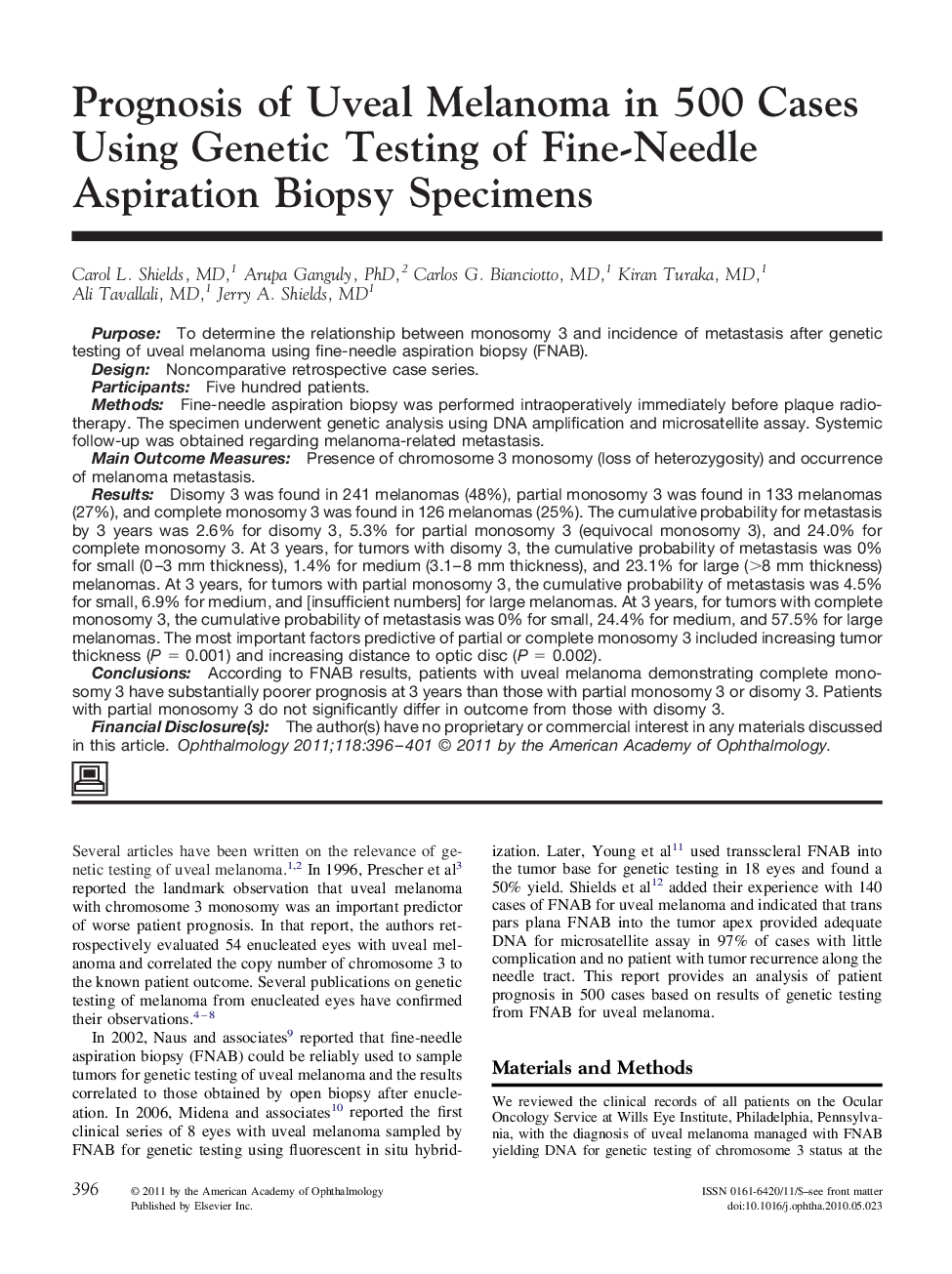 Prognosis of Uveal Melanoma in 500 Cases Using Genetic Testing of Fine-Needle Aspiration Biopsy Specimens