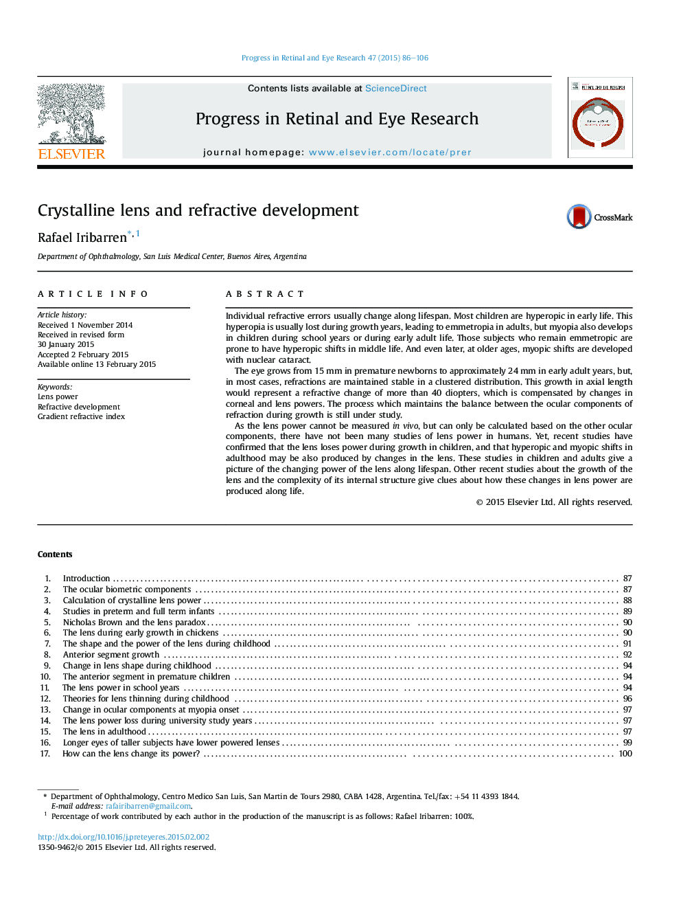 Crystalline lens and refractive development