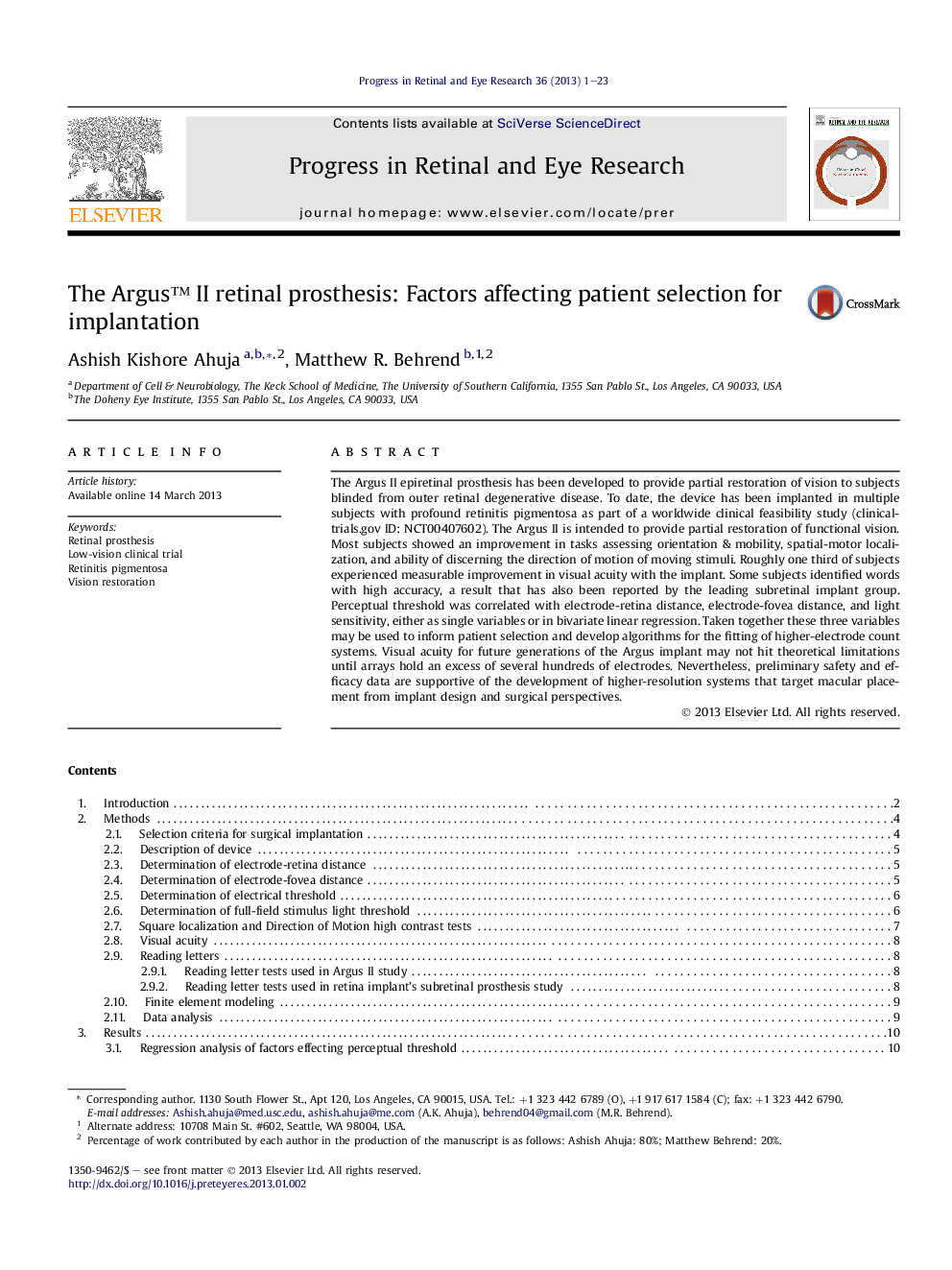 The Argusâ¢ II retinal prosthesis: Factors affecting patient selection for implantation