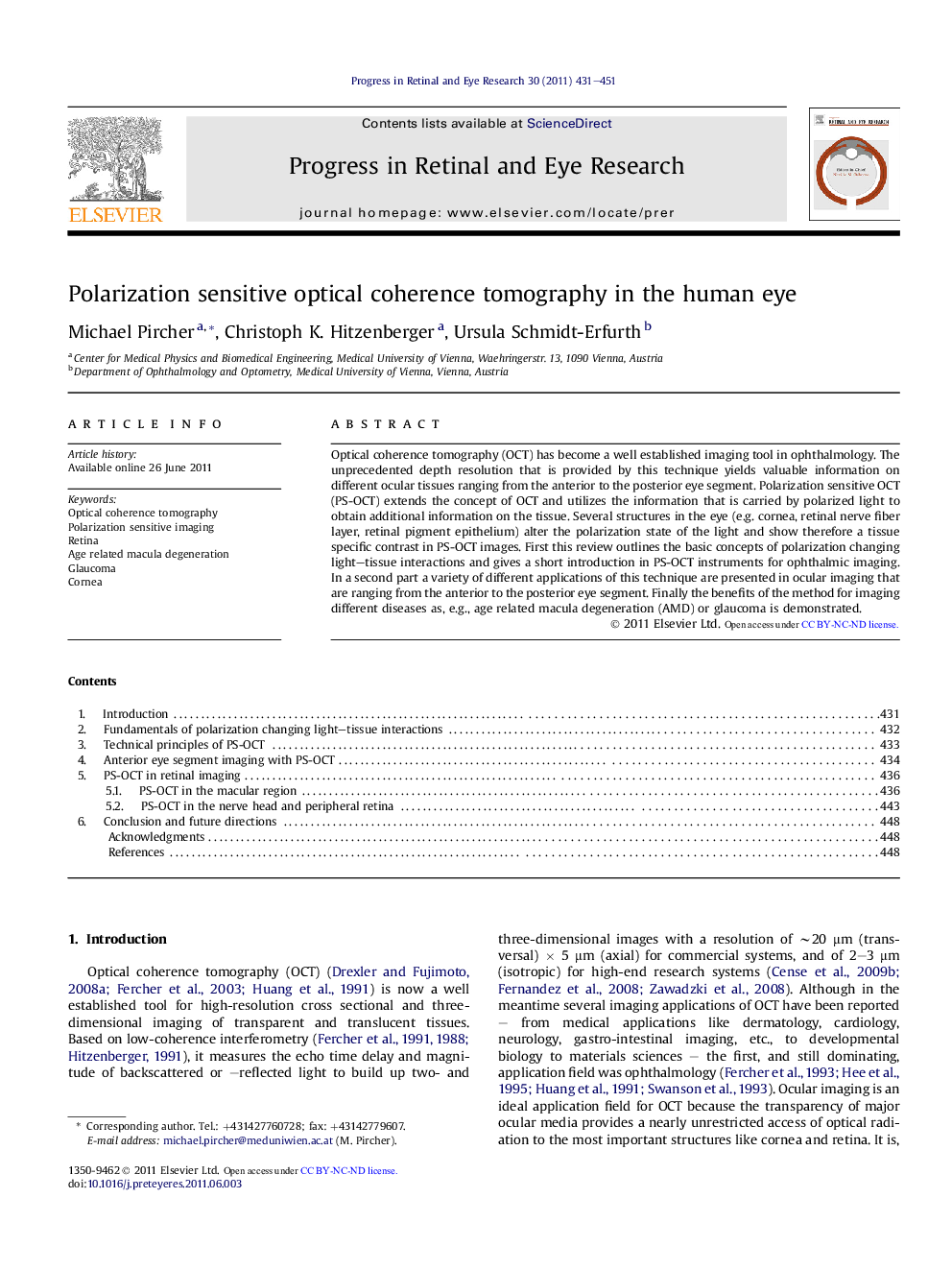 Polarization sensitive optical coherence tomography in the human eye