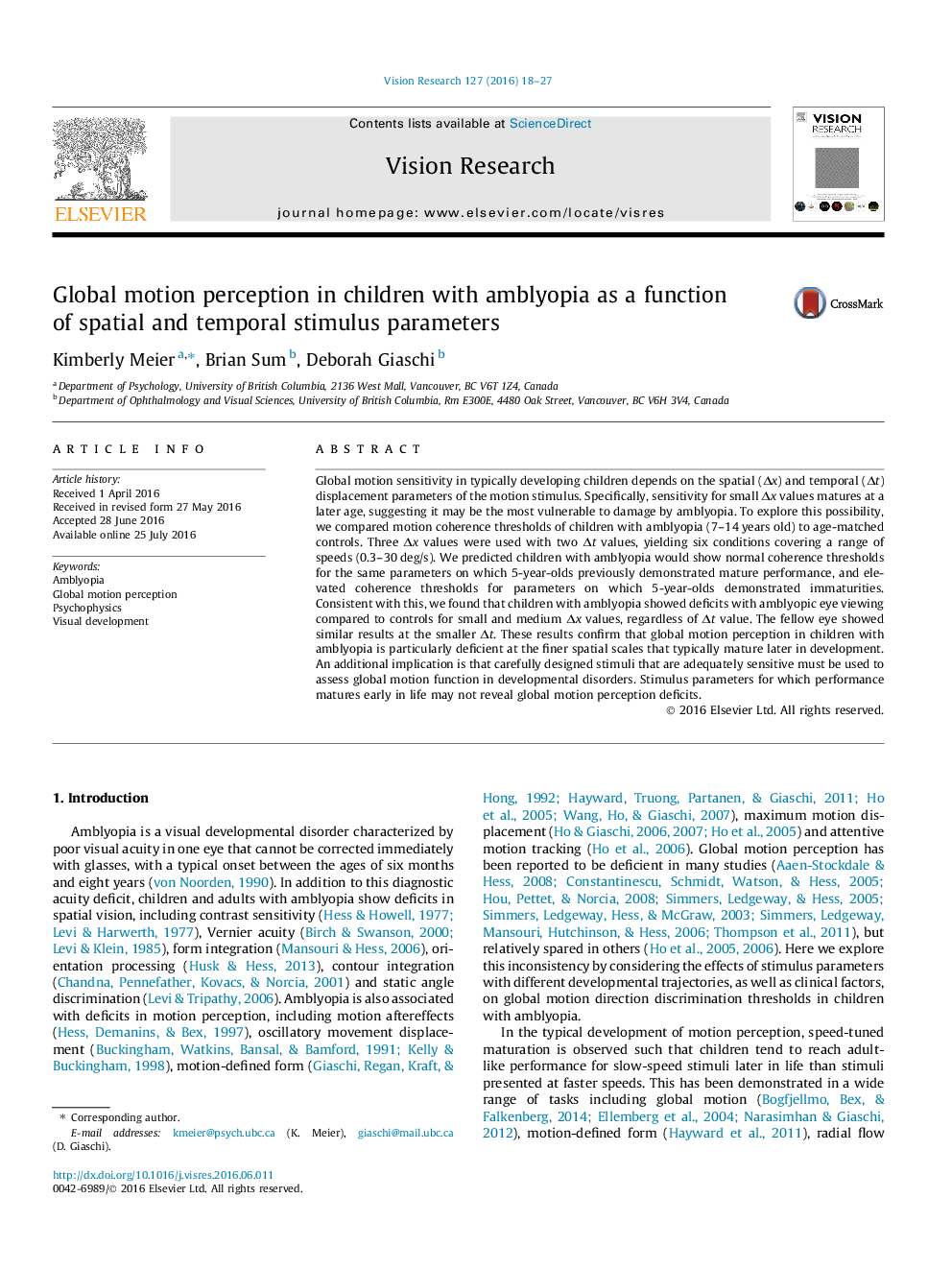 Global motion perception in children with amblyopia as a function of spatial and temporal stimulus parameters