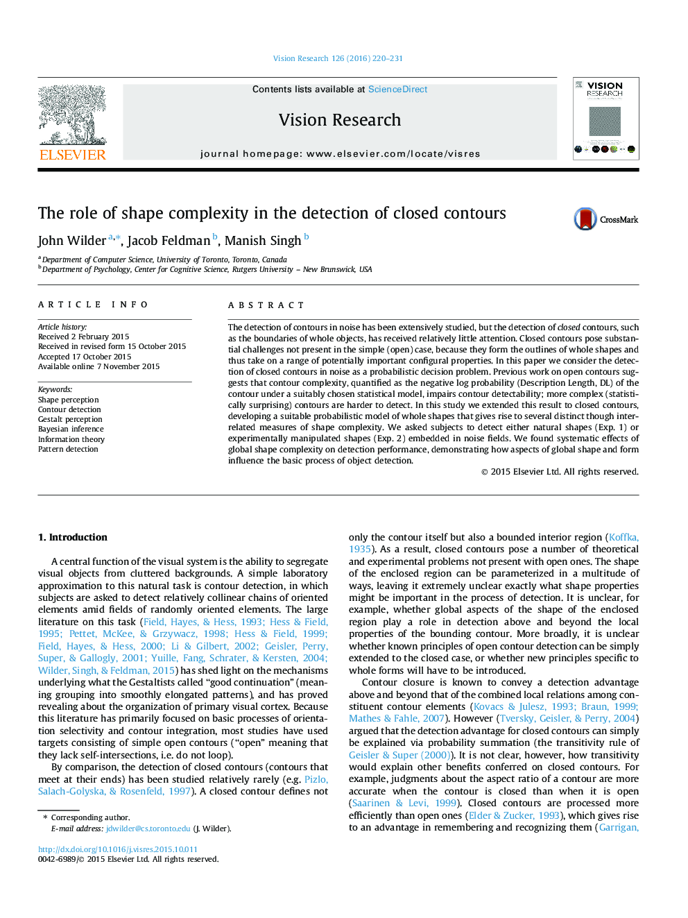 The role of shape complexity in the detection of closed contours