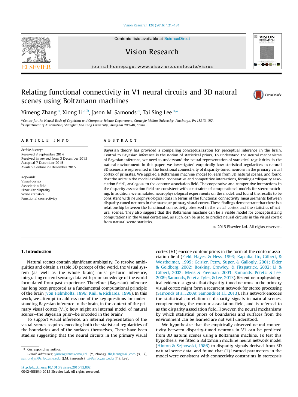 Relating functional connectivity in V1 neural circuits and 3D natural scenes using Boltzmann machines