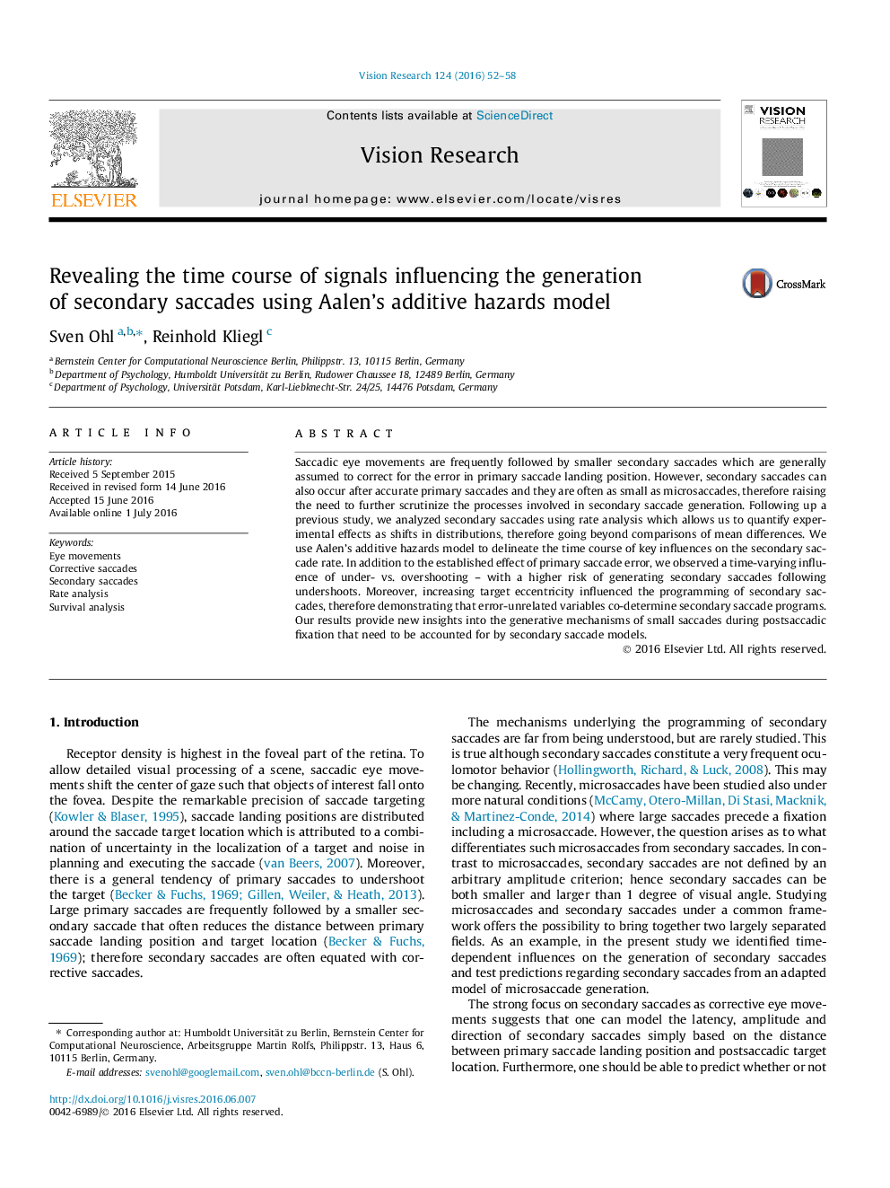 Revealing the time course of signals influencing the generation of secondary saccades using Aalen's additive hazards model