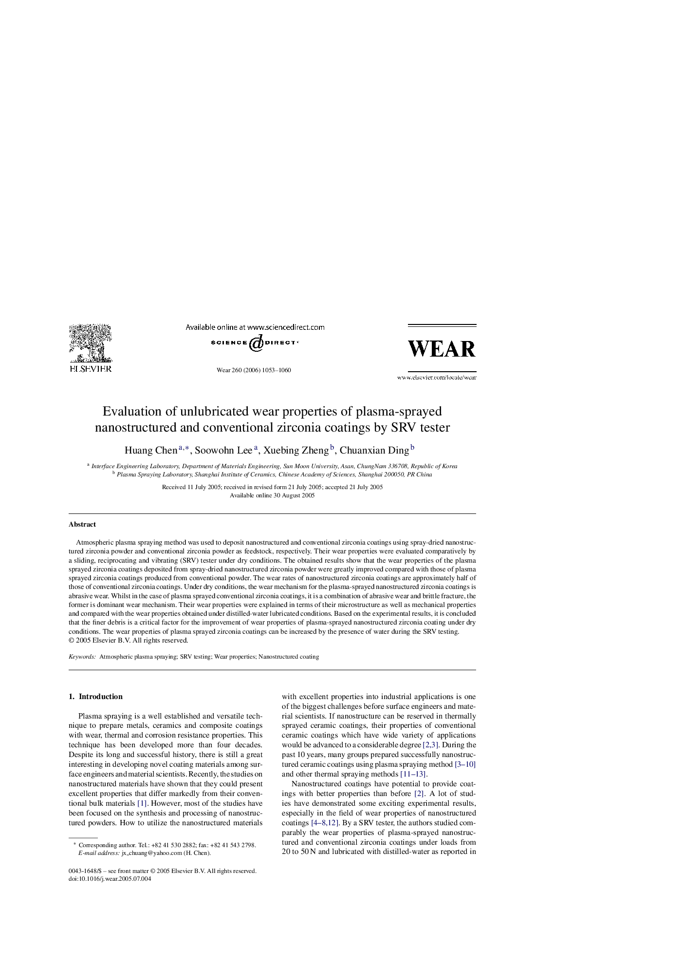 Evaluation of unlubricated wear properties of plasma-sprayed nanostructured and conventional zirconia coatings by SRV tester