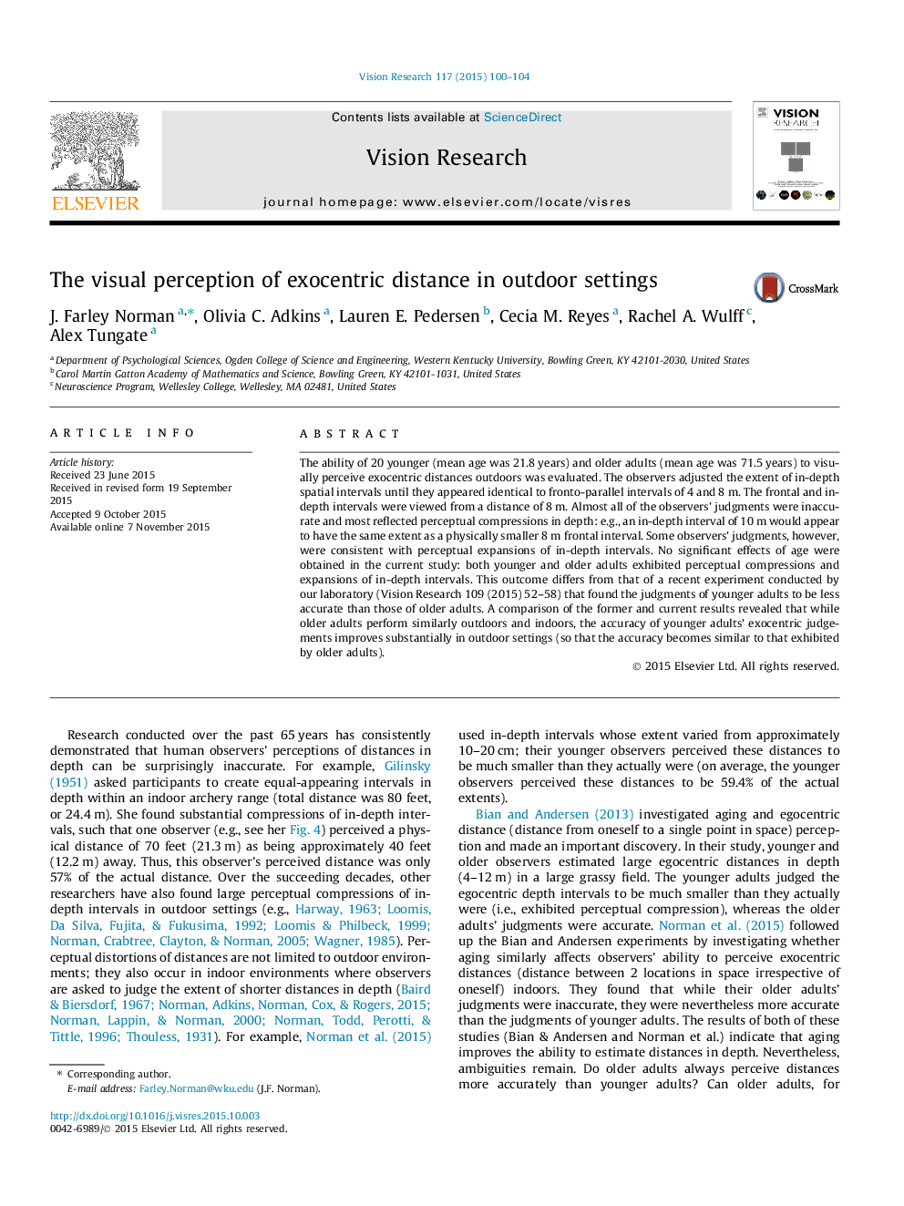 The visual perception of exocentric distance in outdoor settings