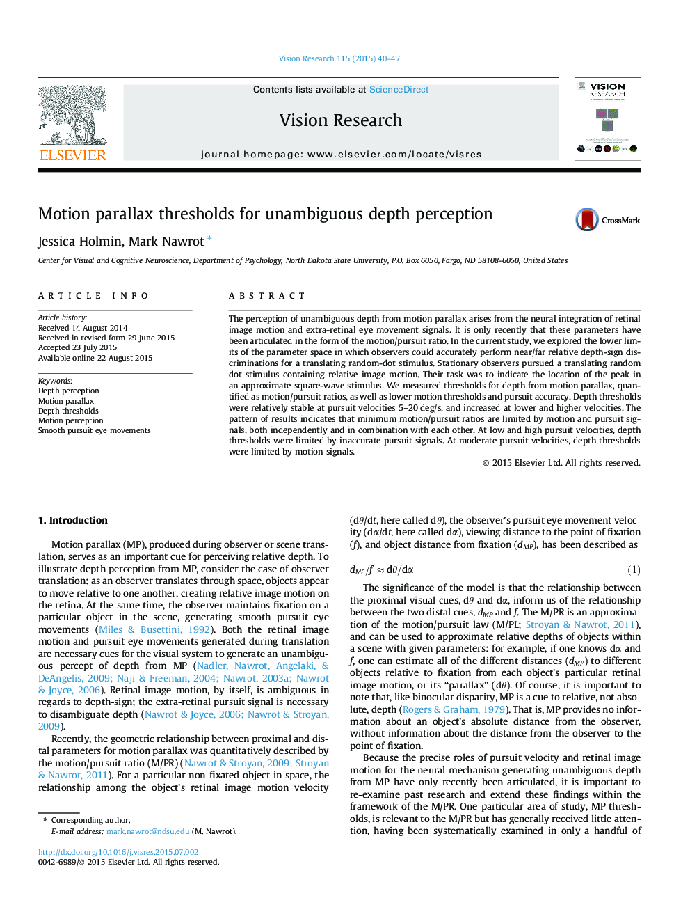 Motion parallax thresholds for unambiguous depth perception