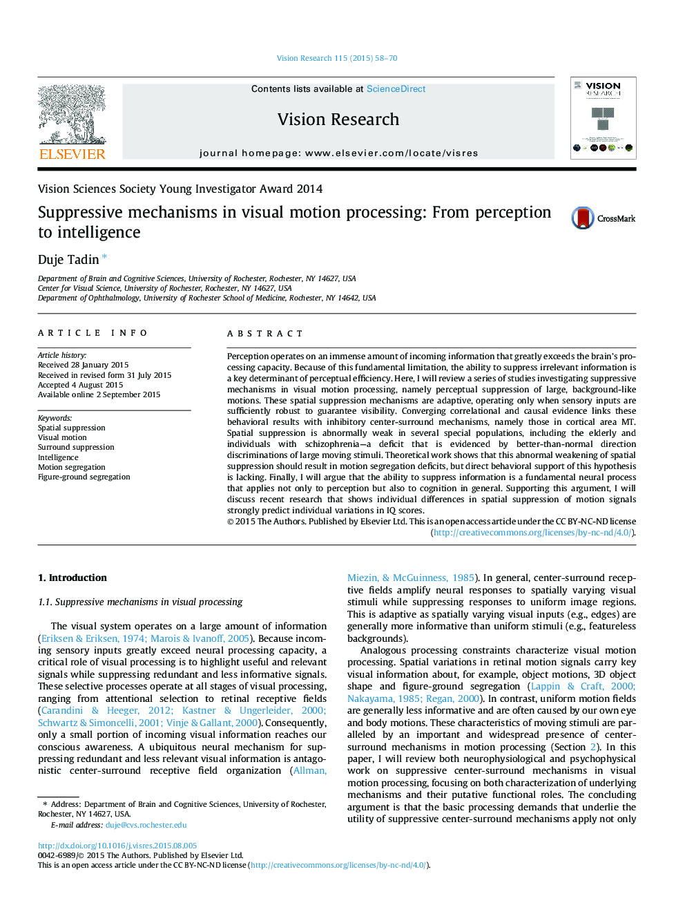 Suppressive mechanisms in visual motion processing: From perception to intelligence