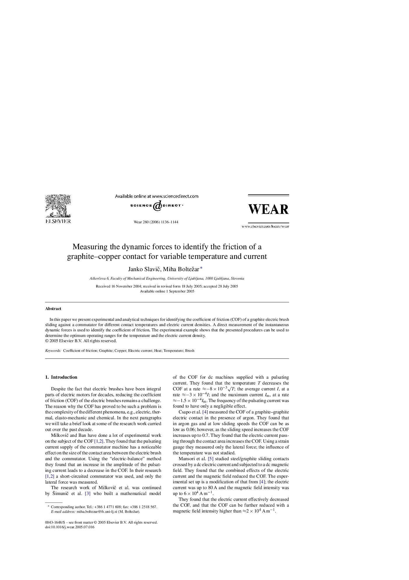 Measuring the dynamic forces to identify the friction of a graphite–copper contact for variable temperature and current