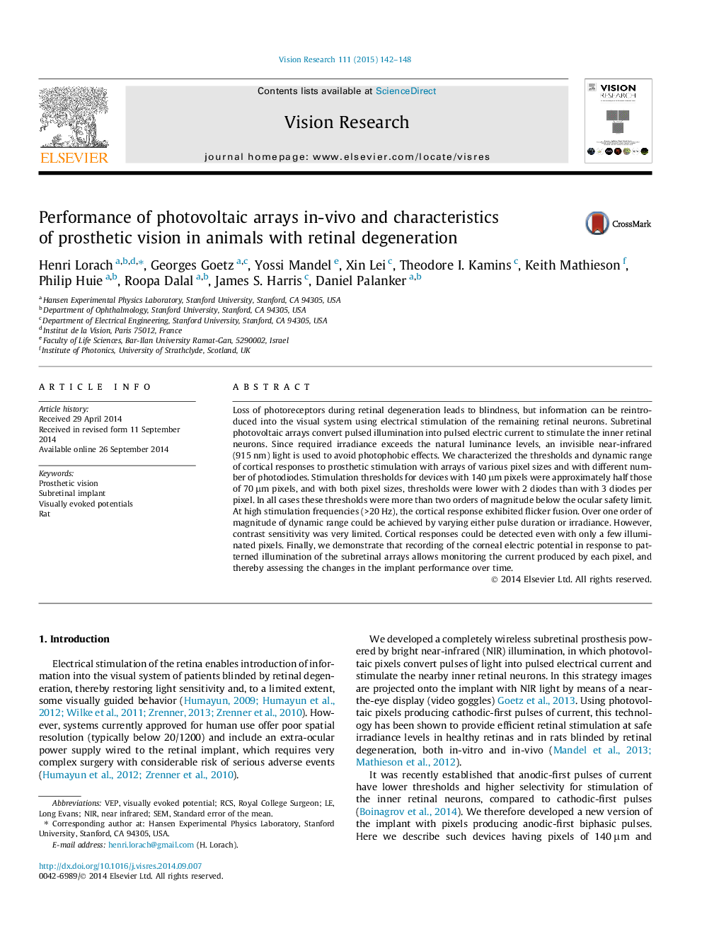 Performance of photovoltaic arrays in-vivo and characteristics of prosthetic vision in animals with retinal degeneration