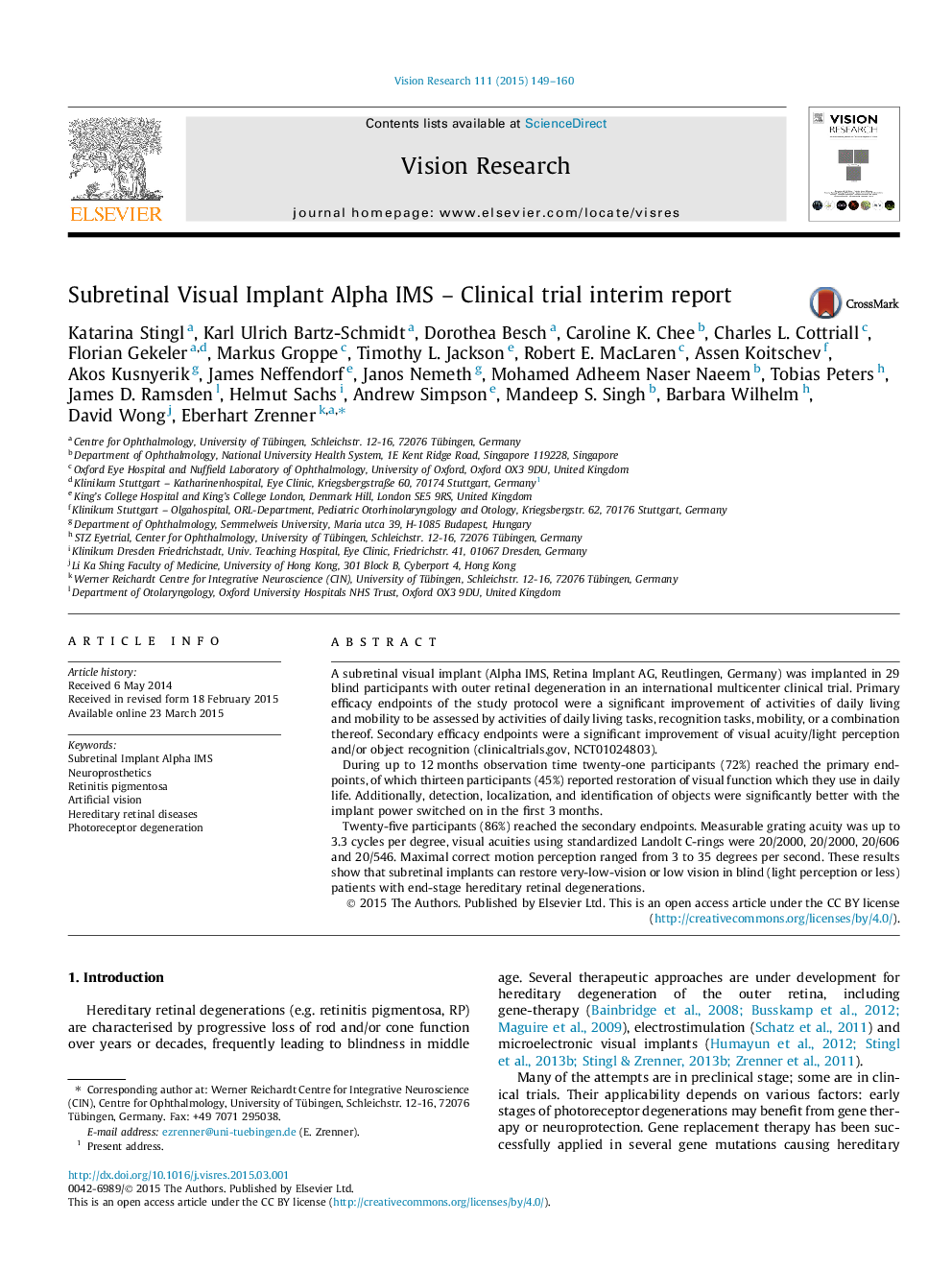 Subretinal Visual Implant Alpha IMS - Clinical trial interim report