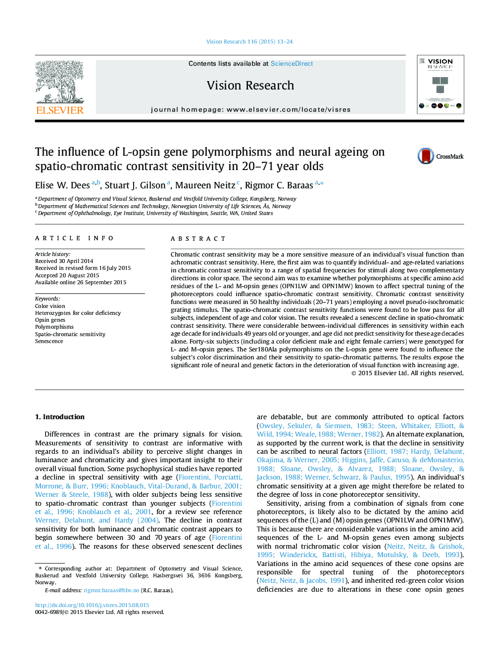 The influence of L-opsin gene polymorphisms and neural ageing on spatio-chromatic contrast sensitivity in 20-71 year olds