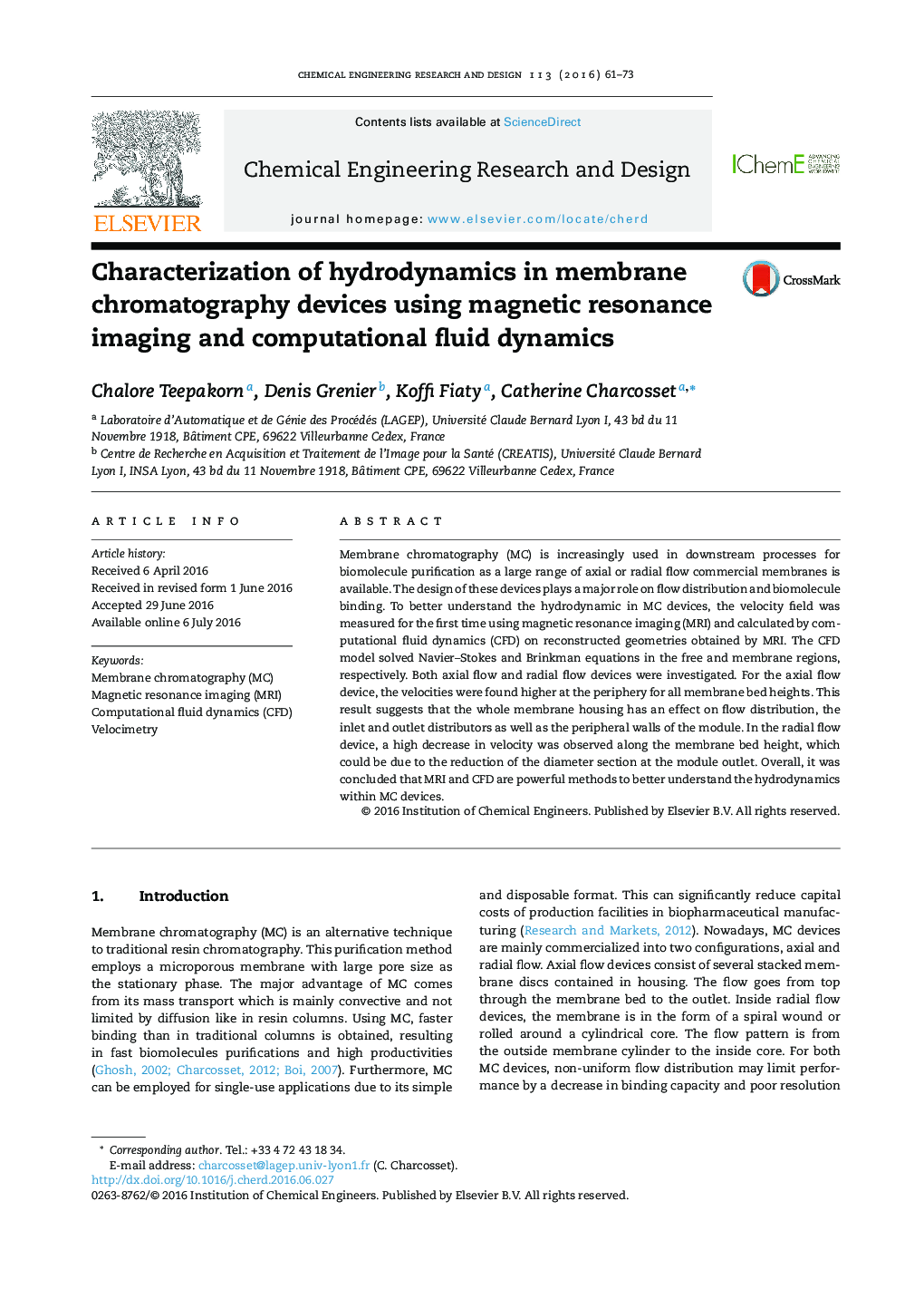 Characterization of hydrodynamics in membrane chromatography devices using magnetic resonance imaging and computational fluid dynamics