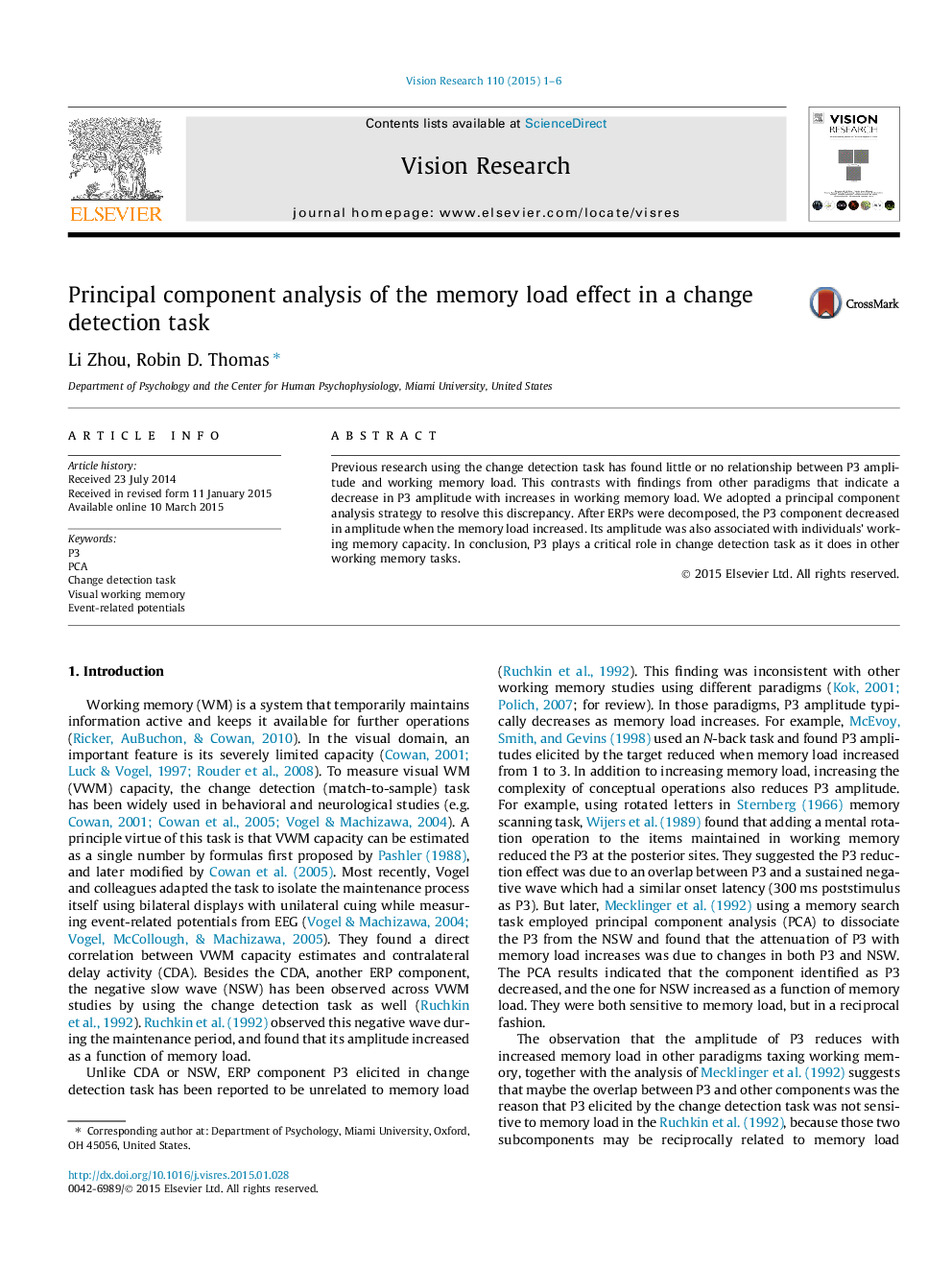 Principal component analysis of the memory load effect in a change detection task