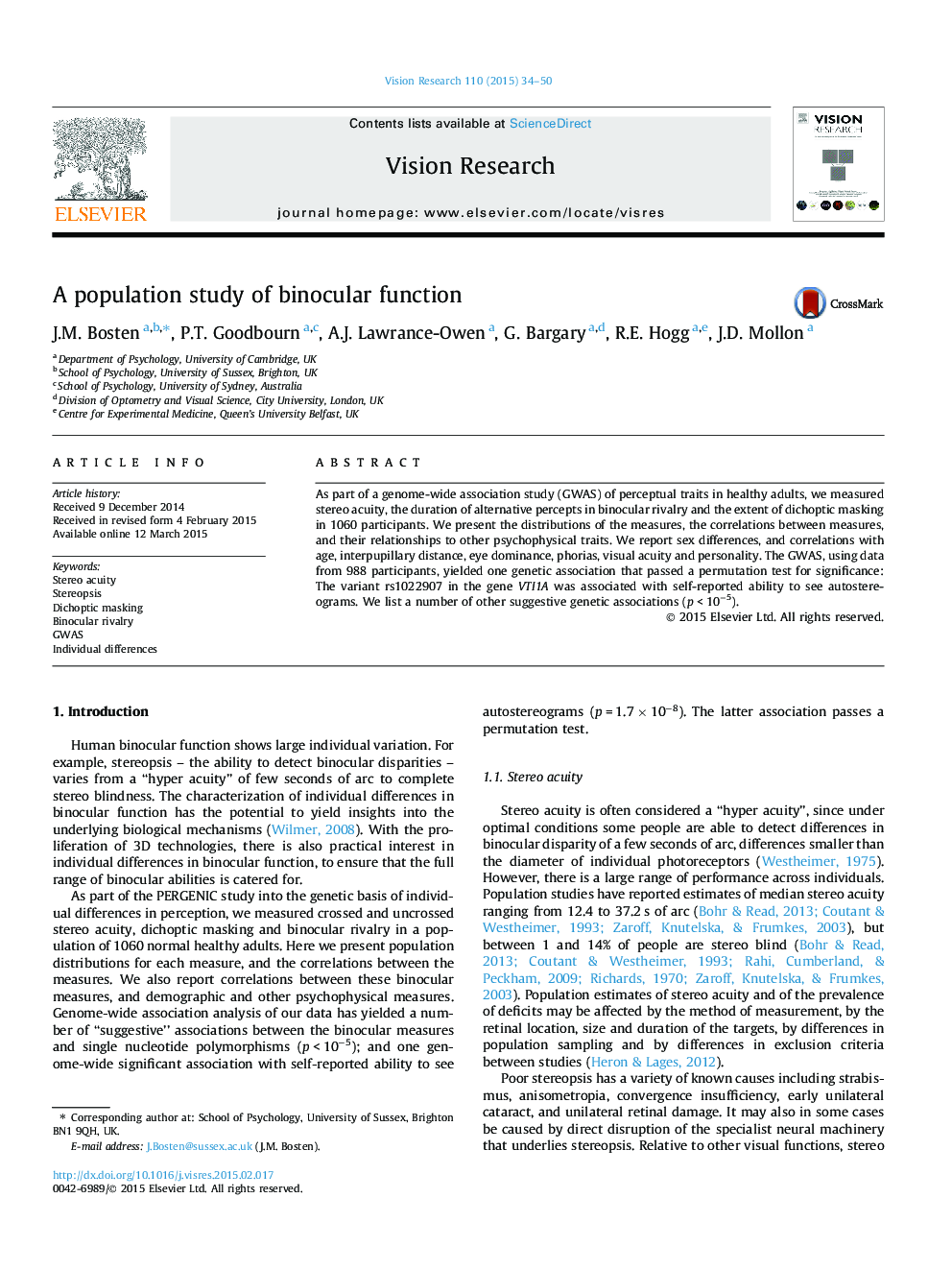 A population study of binocular function