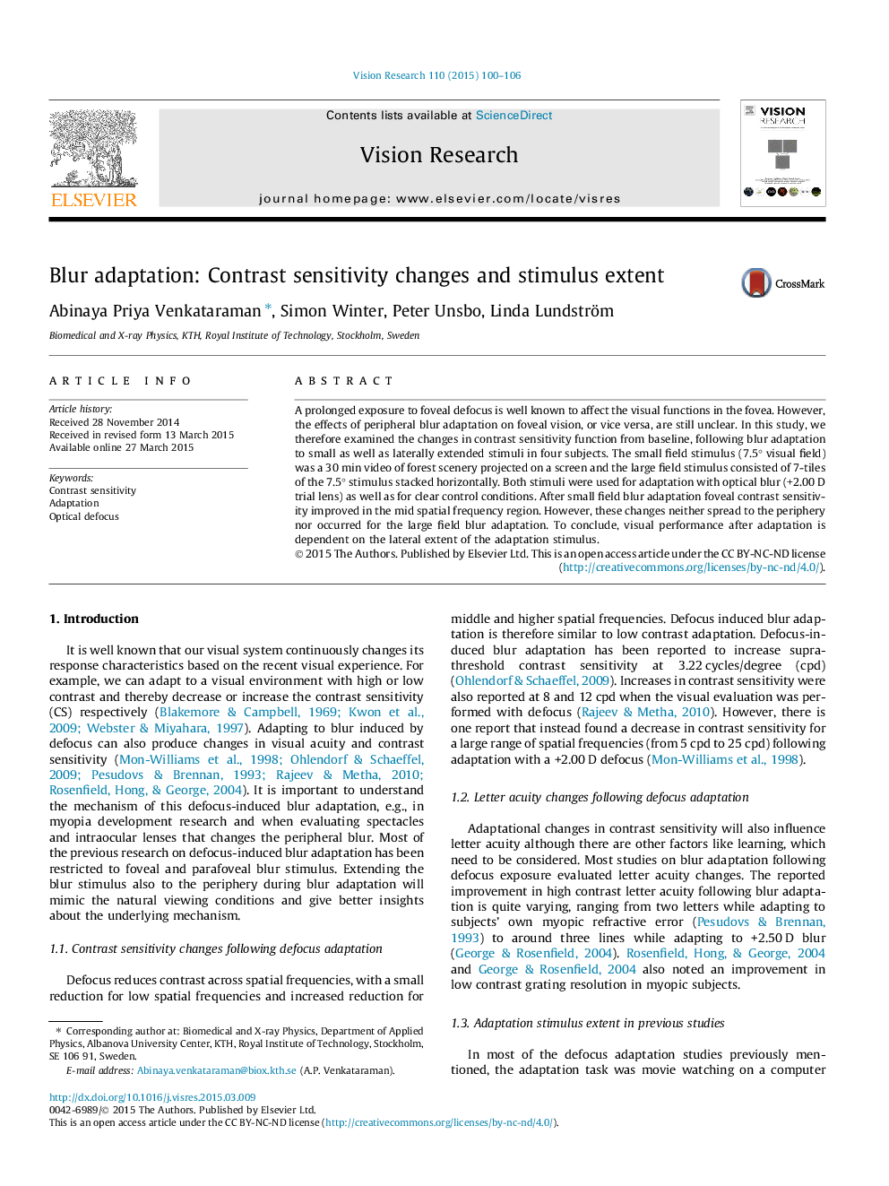 Blur adaptation: Contrast sensitivity changes and stimulus extent