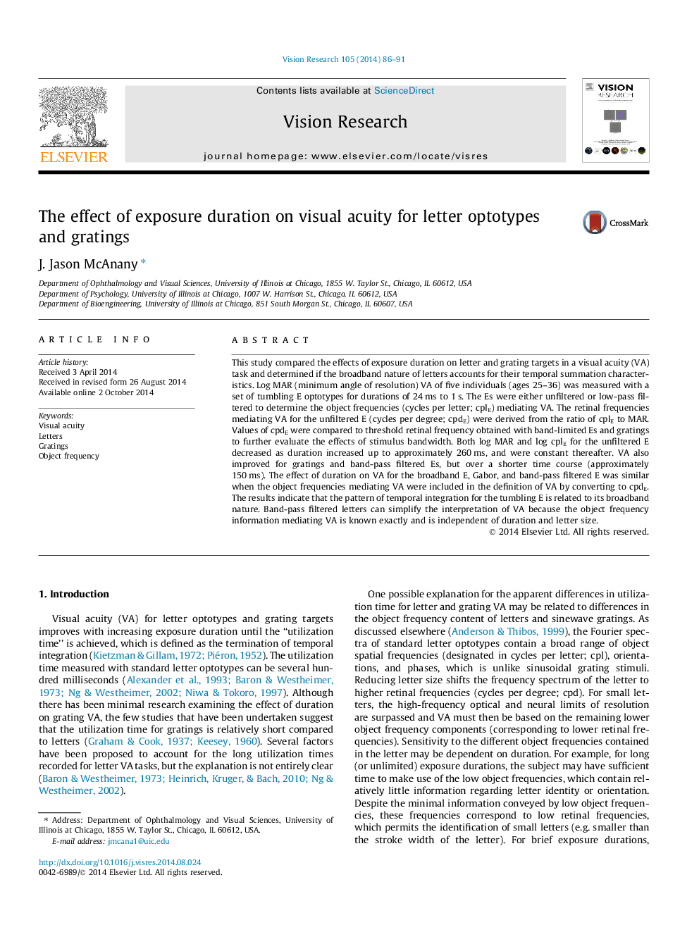 The effect of exposure duration on visual acuity for letter optotypes and gratings